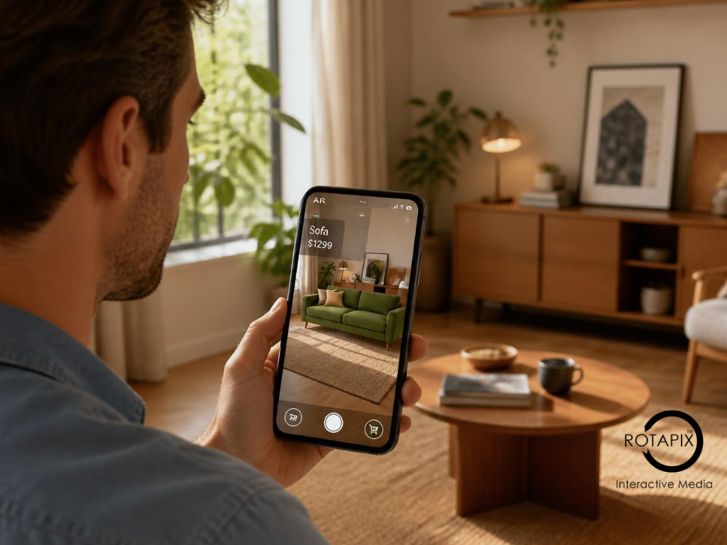 Customer using augmented reality on a smartphone to preview a virtual sofa in a living room. augmented reality in e-commerce, ai ecommerce integration, Big Commerce Developer, Shopify Developer, Web development, UI UX Design, digital marketing agency