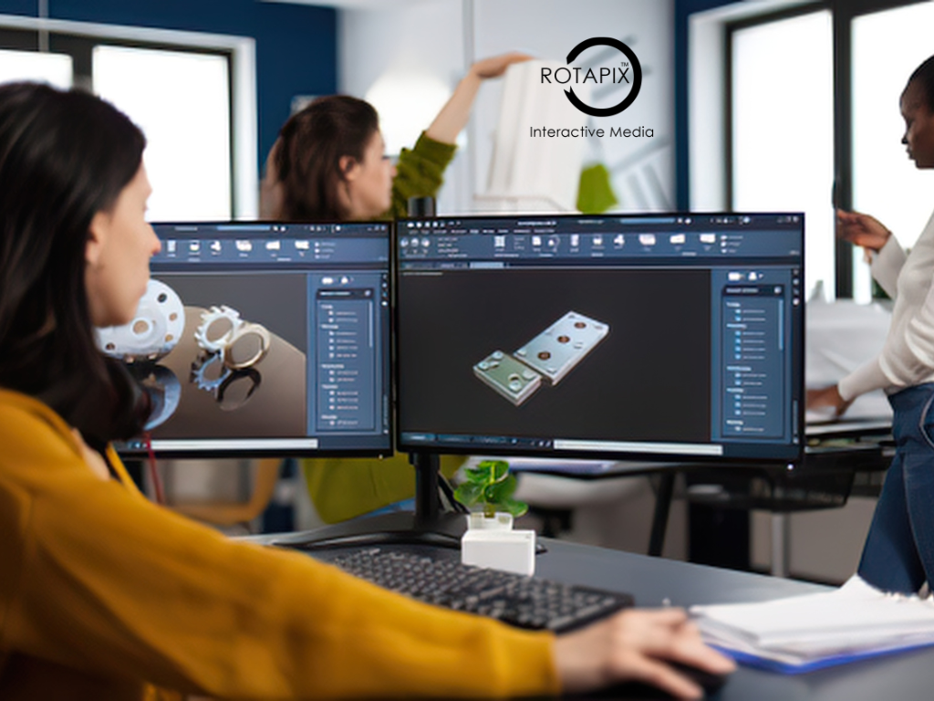 Developer creating a detailed 3D furniture model using product modelling software on a computer.ar ecommerceaugmented reality in e-commerce, ai ecommerce integration, Big Commerce Developer, Shopify Developer, Web development, UI UX Design, digital marketing agency