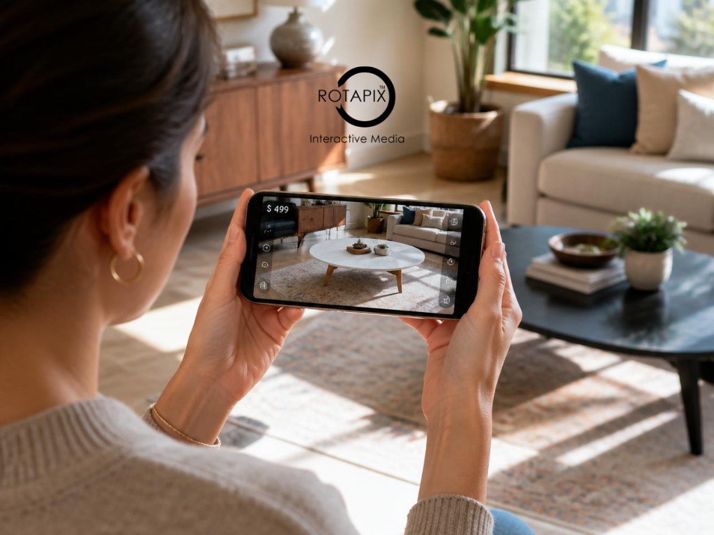 Shopper viewing a virtual coffee table positioned in a living room through a smartphone camera