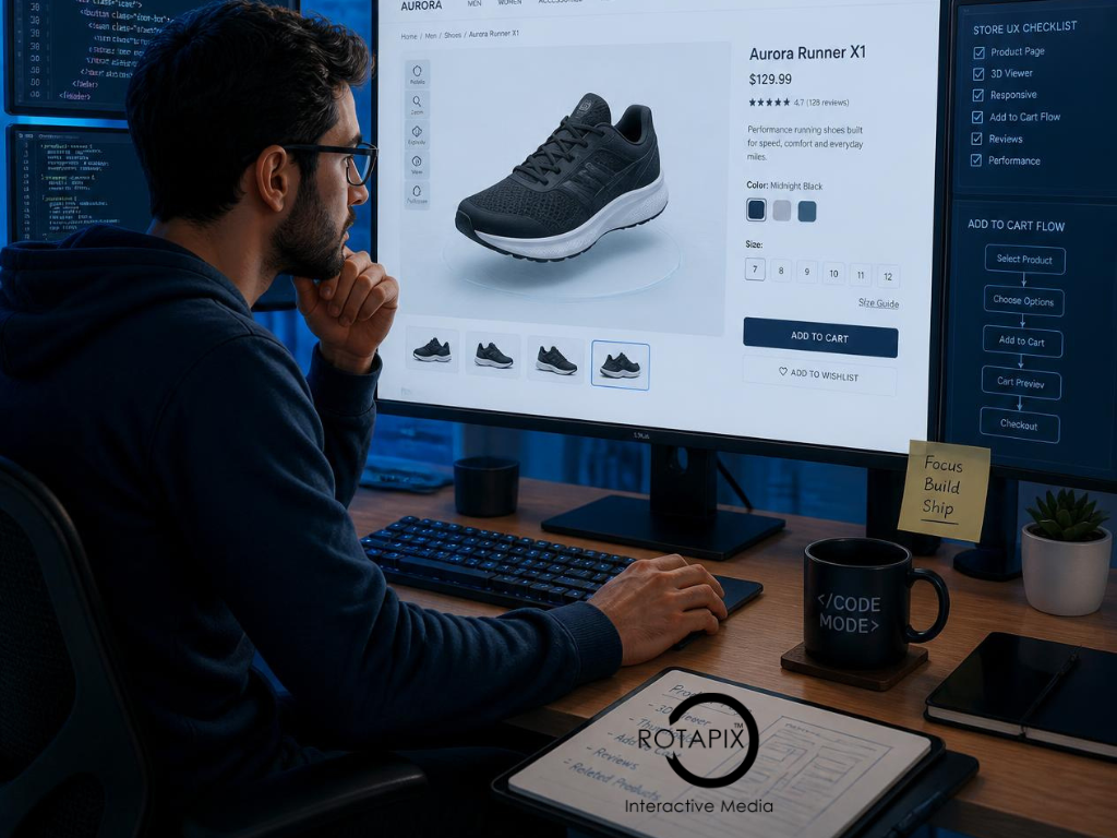 Web developer reviewing an online store product page with an interactive 3D model viewer